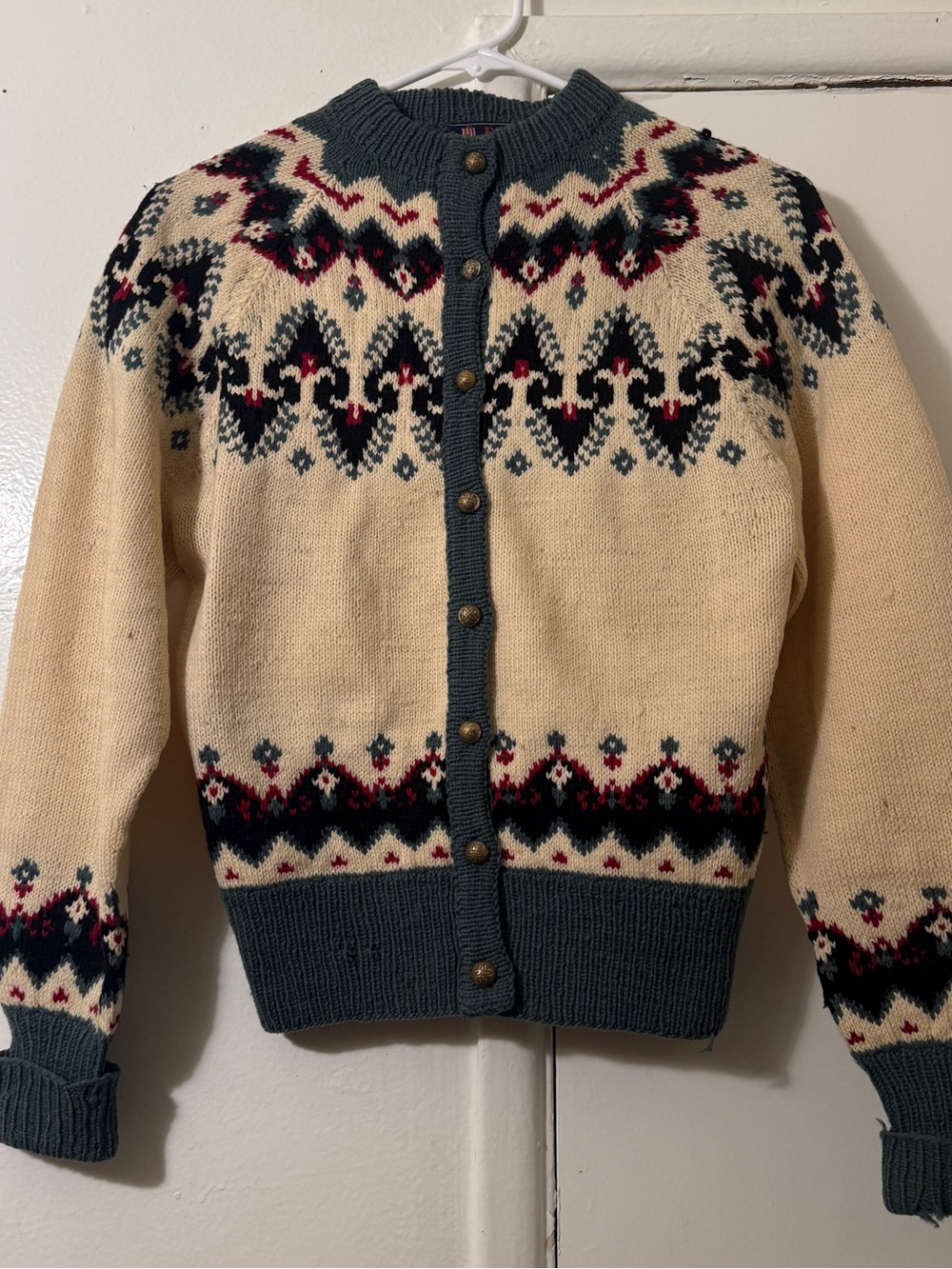 Vintage Dannit Hand Knitted Denmark Wool Fair Isle Nordic Cardigan Sweater
